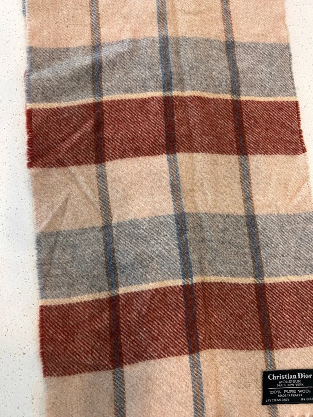 Dior Plaid Wool Scarf in Beige with Rust & Light Blue Accents